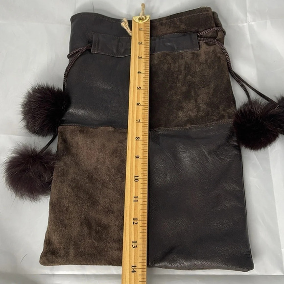 SHOE BAG Dark Chocolate Brown Pom Pom  Drawstring Genuine Leather Fur Patchwork - Picture 6 of 7